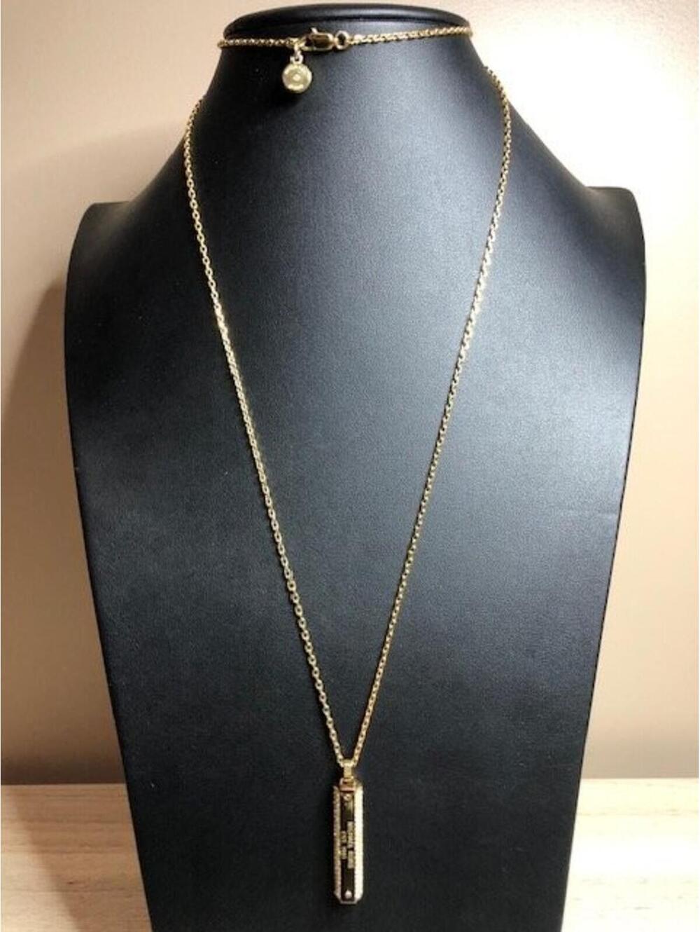B3426 MICHAEL KORS Pave Bar Pendant Necklace Gold Tone Rhinestone 32"